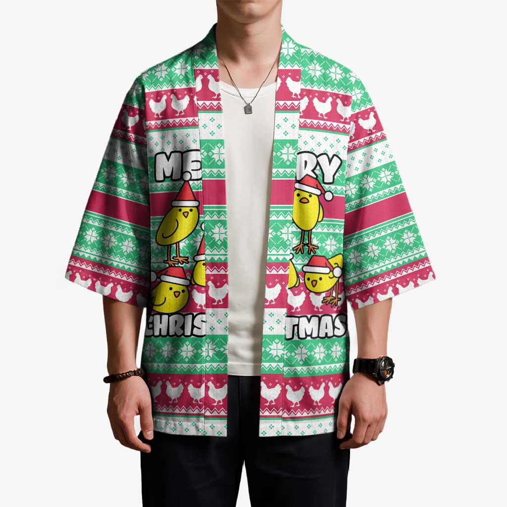 Merry Chickmas Christmas Kimono with Yellow Cartoon Birds in Santa Hats and Red Green Snowflake Pattern - Wonder Print Shop