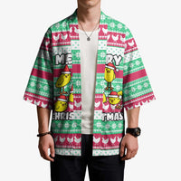 Merry Chickmas Christmas Kimono with Yellow Cartoon Birds in Santa Hats and Red Green Snowflake Pattern - Wonder Print Shop