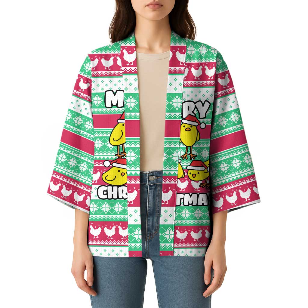 Merry Chickmas Christmas Kimono with Yellow Cartoon Birds in Santa Hats and Red Green Snowflake Pattern - Wonder Print Shop