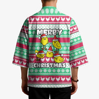Merry Chickmas Christmas Kimono with Yellow Cartoon Birds in Santa Hats and Red Green Snowflake Pattern - Wonder Print Shop