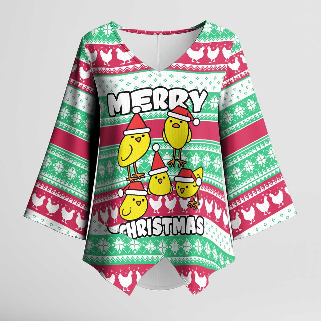 Merry Chickmas Christmas Kimono Sleeve Blouse with Yellow Cartoon Birds in Santa Hats and Red Green Snowflake Pattern - Wonder Print Shop