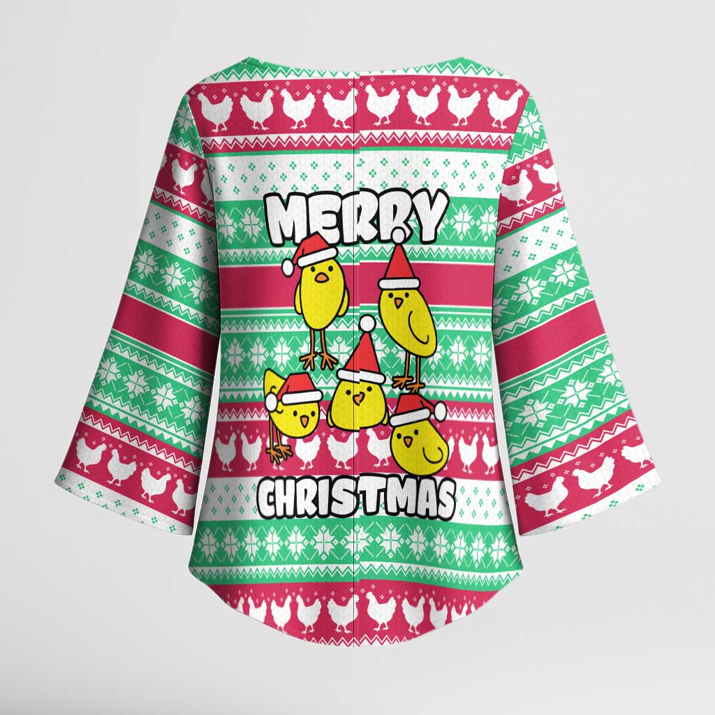 Merry Chickmas Christmas Kimono Sleeve Blouse with Yellow Cartoon Birds in Santa Hats and Red Green Snowflake Pattern - Wonder Print Shop