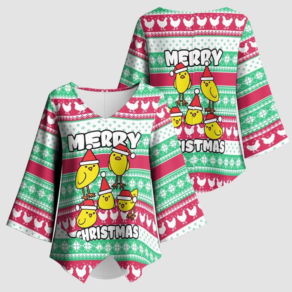 Merry Chickmas Christmas Kimono Sleeve Blouse with Yellow Cartoon Birds in Santa Hats and Red Green Snowflake Pattern - Wonder Print Shop