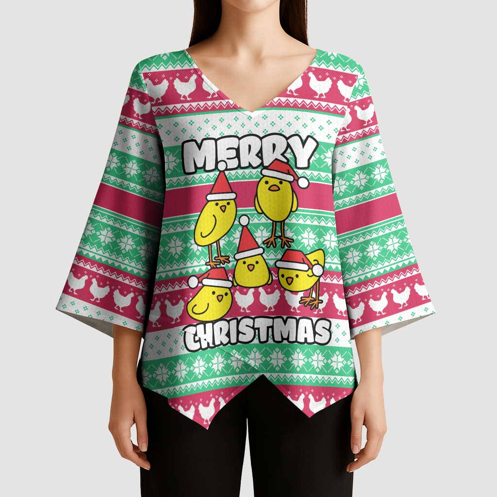 Merry Chickmas Christmas Kimono Sleeve Blouse with Yellow Cartoon Birds in Santa Hats and Red Green Snowflake Pattern - Wonder Print Shop