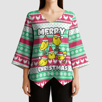Merry Chickmas Christmas Kimono Sleeve Blouse with Yellow Cartoon Birds in Santa Hats and Red Green Snowflake Pattern - Wonder Print Shop