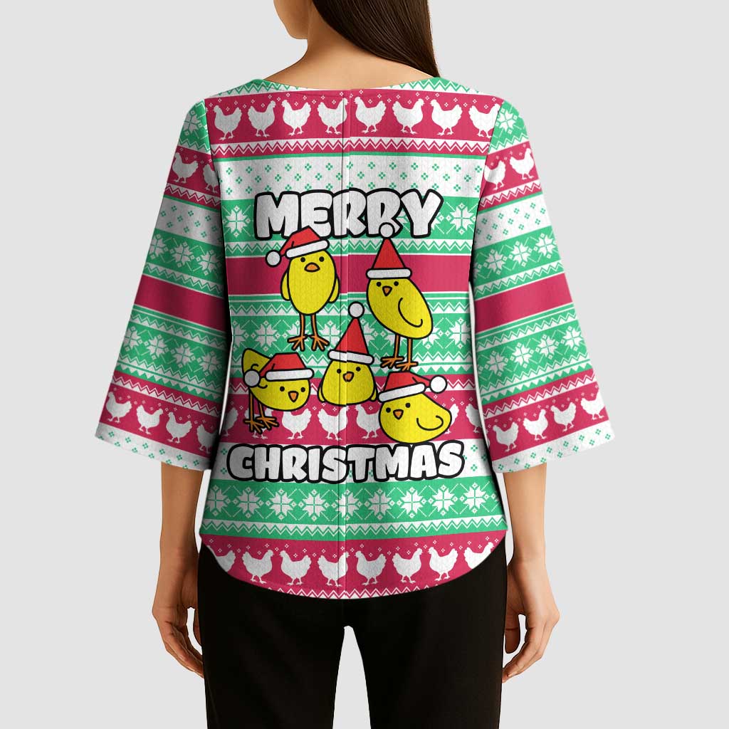Merry Chickmas Christmas Kimono Sleeve Blouse with Yellow Cartoon Birds in Santa Hats and Red Green Snowflake Pattern - Wonder Print Shop