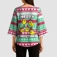 Merry Chickmas Christmas Kimono Sleeve Blouse with Yellow Cartoon Birds in Santa Hats and Red Green Snowflake Pattern - Wonder Print Shop