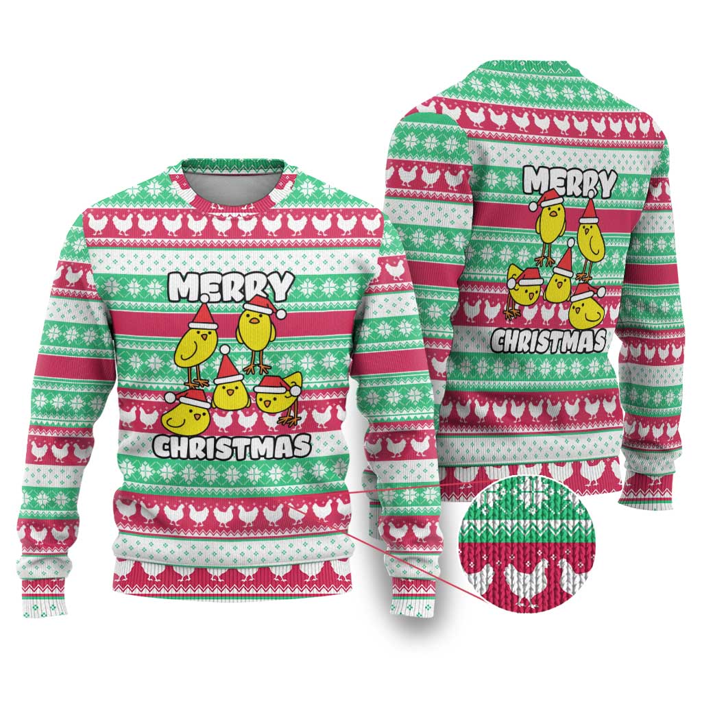 Merry Chickmas Christmas Ugly Christmas Sweater with Yellow Cartoon Birds in Santa Hats and Red Green Snowflake Pattern - Wonder Print Shop