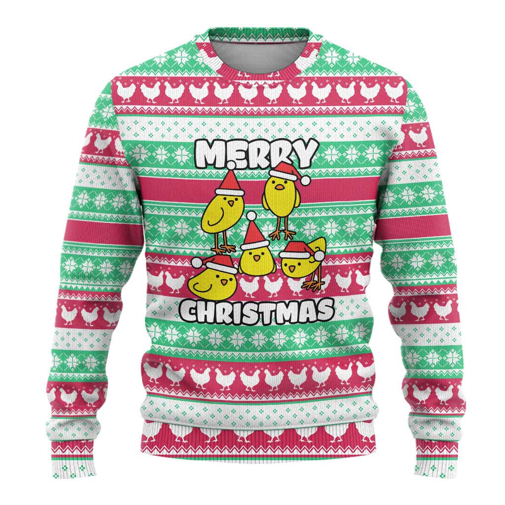 Merry Chickmas Christmas Ugly Christmas Sweater with Yellow Cartoon Birds in Santa Hats and Red Green Snowflake Pattern - Wonder Print Shop