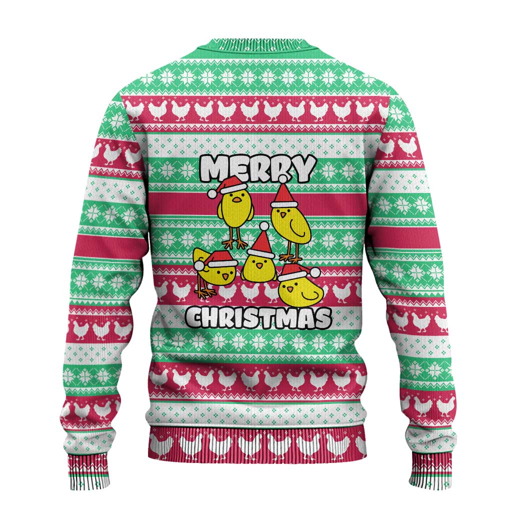 Merry Chickmas Christmas Ugly Christmas Sweater with Yellow Cartoon Birds in Santa Hats and Red Green Snowflake Pattern - Wonder Print Shop
