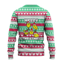 Merry Chickmas Christmas Ugly Christmas Sweater with Yellow Cartoon Birds in Santa Hats and Red Green Snowflake Pattern - Wonder Print Shop