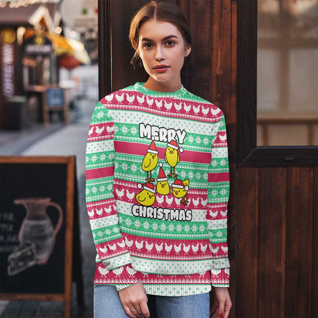 Merry Chickmas Christmas Ugly Christmas Sweater with Yellow Cartoon Birds in Santa Hats and Red Green Snowflake Pattern - Wonder Print Shop