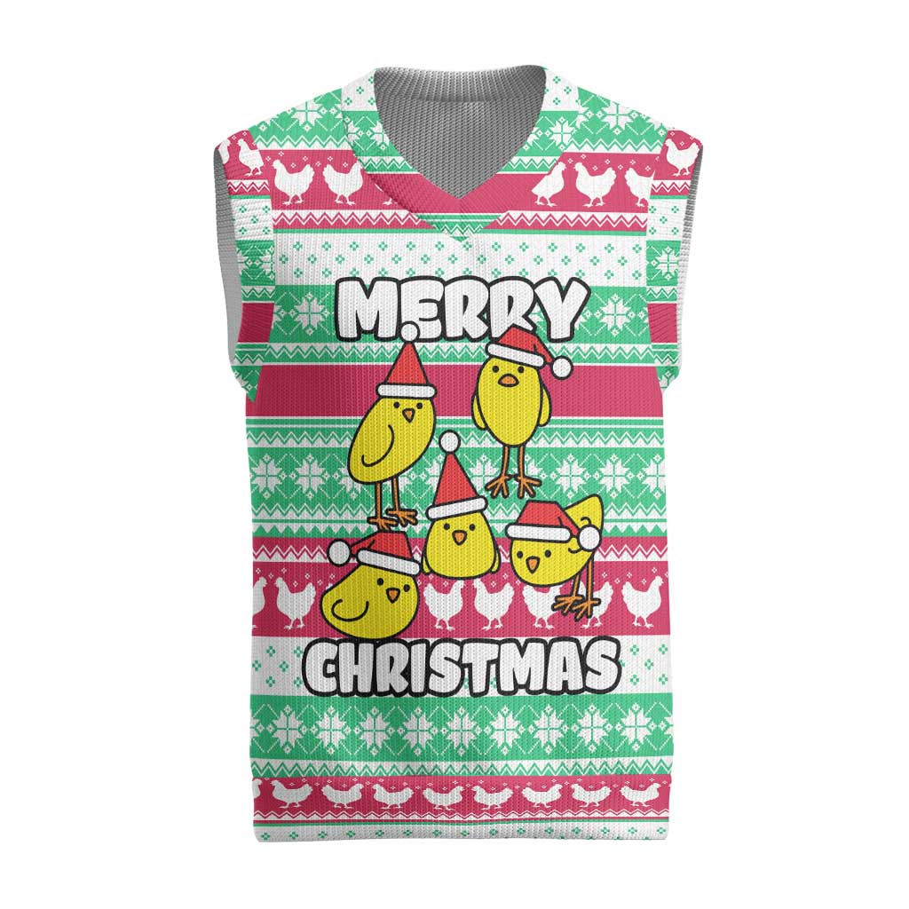 Merry Chickmas Christmas Knitted V-Neck Vest with Yellow Cartoon Birds in Santa Hats and Red Green Snowflake Pattern - Wonder Print Shop