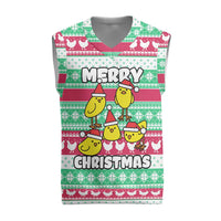 Merry Chickmas Christmas Knitted V-Neck Vest with Yellow Cartoon Birds in Santa Hats and Red Green Snowflake Pattern - Wonder Print Shop
