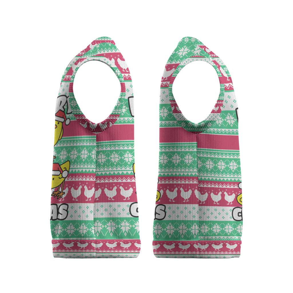 Merry Chickmas Christmas Knitted V-Neck Vest with Yellow Cartoon Birds in Santa Hats and Red Green Snowflake Pattern - Wonder Print Shop