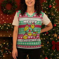 Merry Chickmas Christmas Knitted V-Neck Vest with Yellow Cartoon Birds in Santa Hats and Red Green Snowflake Pattern - Wonder Print Shop