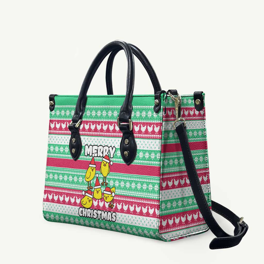 Merry Chickmas Christmas Leather Bag with Yellow Cartoon Birds in Santa Hats and Red Green Snowflake Pattern - Wonder Print Shop