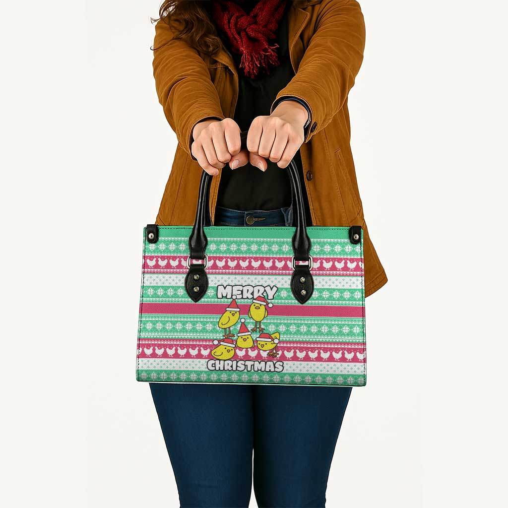 Merry Chickmas Christmas Leather Bag with Yellow Cartoon Birds in Santa Hats and Red Green Snowflake Pattern - Wonder Print Shop