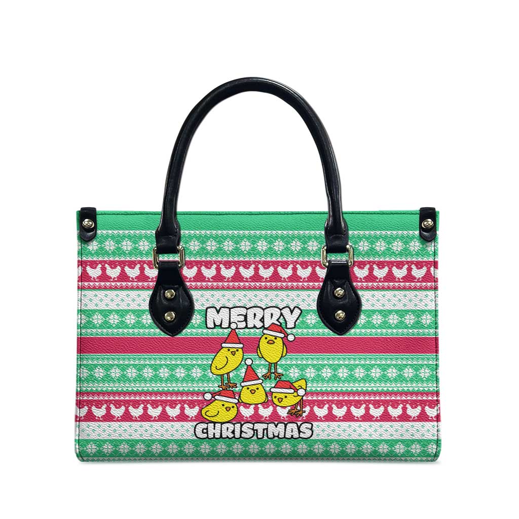 Merry Chickmas Christmas Leather Bag with Yellow Cartoon Birds in Santa Hats and Red Green Snowflake Pattern - Wonder Print Shop
