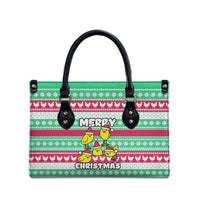 Merry Chickmas Christmas Leather Bag with Yellow Cartoon Birds in Santa Hats and Red Green Snowflake Pattern - Wonder Print Shop