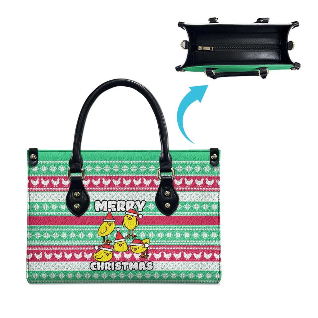 Merry Chickmas Christmas Leather Bag with Yellow Cartoon Birds in Santa Hats and Red Green Snowflake Pattern - Wonder Print Shop