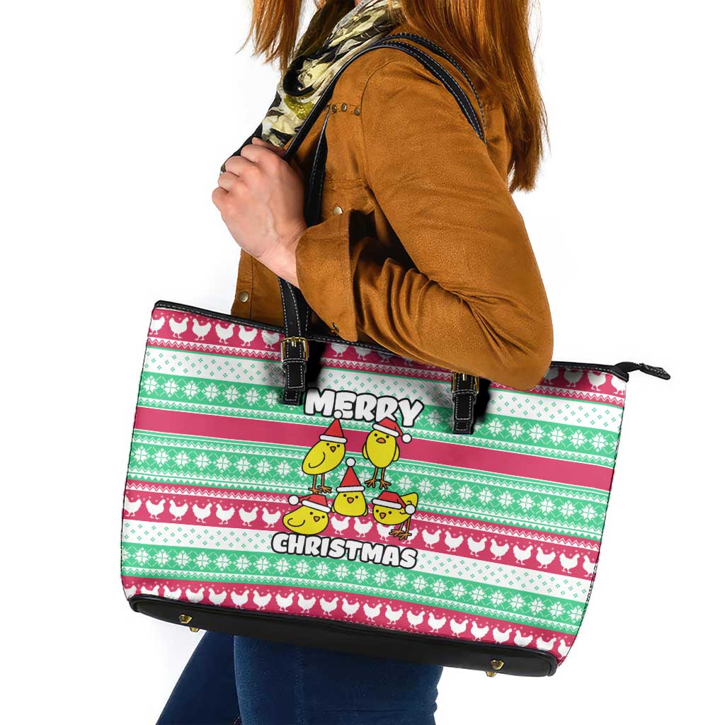 Merry Chickmas Christmas Leather Tote Bag with Yellow Cartoon Birds in Santa Hats and Red Green Snowflake Pattern - Wonder Print Shop