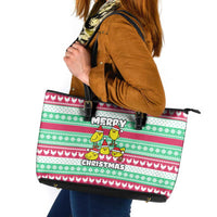 Merry Chickmas Christmas Leather Tote Bag with Yellow Cartoon Birds in Santa Hats and Red Green Snowflake Pattern - Wonder Print Shop