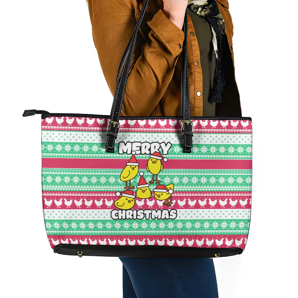 Merry Chickmas Christmas Leather Tote Bag with Yellow Cartoon Birds in Santa Hats and Red Green Snowflake Pattern - Wonder Print Shop