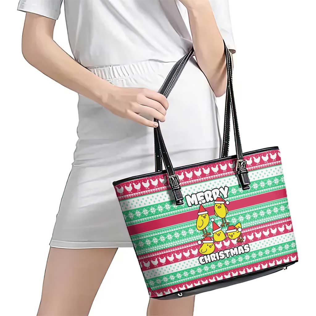 Merry Chickmas Christmas Leather Tote Bag with Yellow Cartoon Birds in Santa Hats and Red Green Snowflake Pattern - Wonder Print Shop