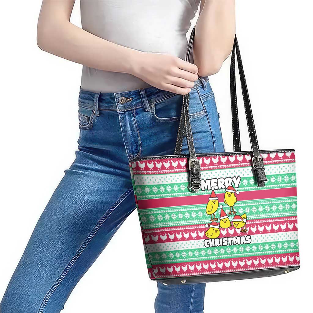 Merry Chickmas Christmas Leather Tote Bag with Yellow Cartoon Birds in Santa Hats and Red Green Snowflake Pattern - Wonder Print Shop