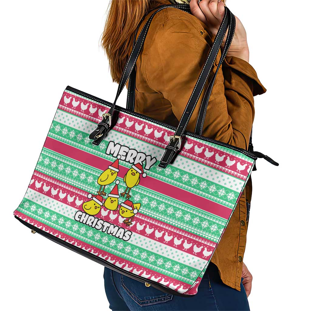 Merry Chickmas Christmas Leather Tote Bag with Yellow Cartoon Birds in Santa Hats and Red Green Snowflake Pattern - Wonder Print Shop