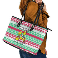 Merry Chickmas Christmas Leather Tote Bag with Yellow Cartoon Birds in Santa Hats and Red Green Snowflake Pattern - Wonder Print Shop