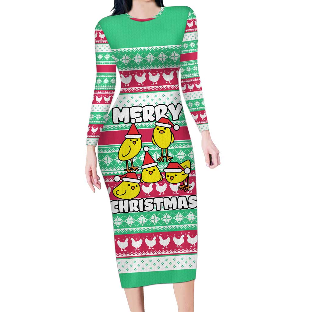 Merry Chickmas Christmas Long Sleeve Bodycon Dress with Yellow Cartoon Birds in Santa Hats and Red Green Snowflake Pattern - Wonder Print Shop