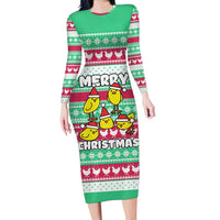 Merry Chickmas Christmas Long Sleeve Bodycon Dress with Yellow Cartoon Birds in Santa Hats and Red Green Snowflake Pattern - Wonder Print Shop