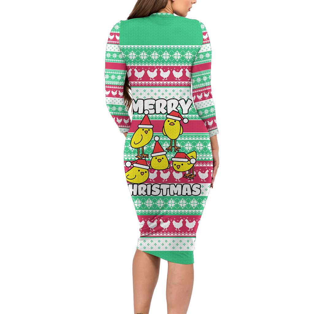 Merry Chickmas Christmas Long Sleeve Bodycon Dress with Yellow Cartoon Birds in Santa Hats and Red Green Snowflake Pattern - Wonder Print Shop