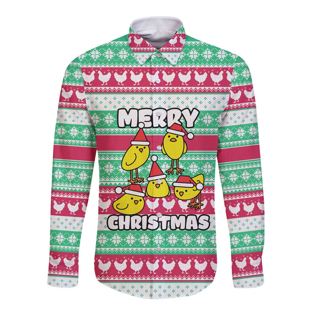 Merry Chickmas Christmas Long Sleeve Button Shirt with Yellow Cartoon Birds in Santa Hats and Red Green Snowflake Pattern - Wonder Print Shop
