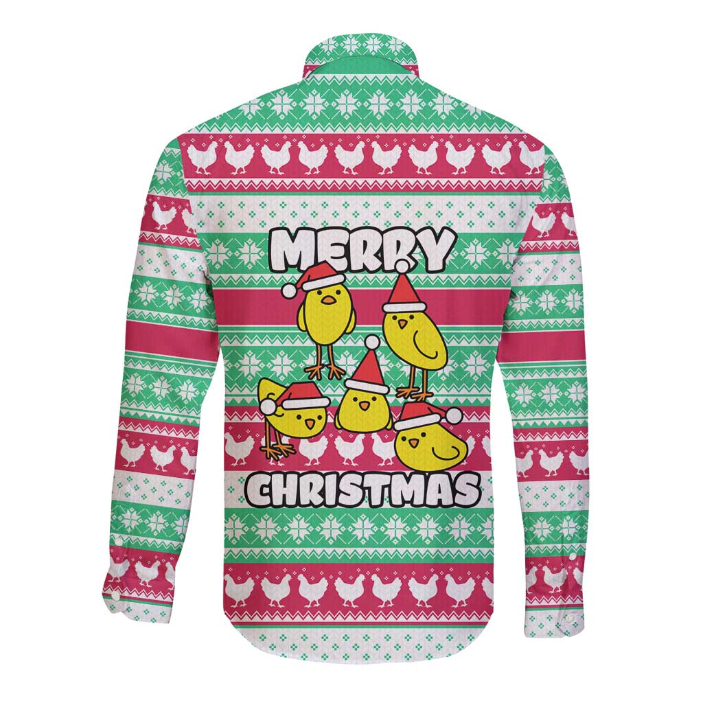 Merry Chickmas Christmas Long Sleeve Button Shirt with Yellow Cartoon Birds in Santa Hats and Red Green Snowflake Pattern - Wonder Print Shop