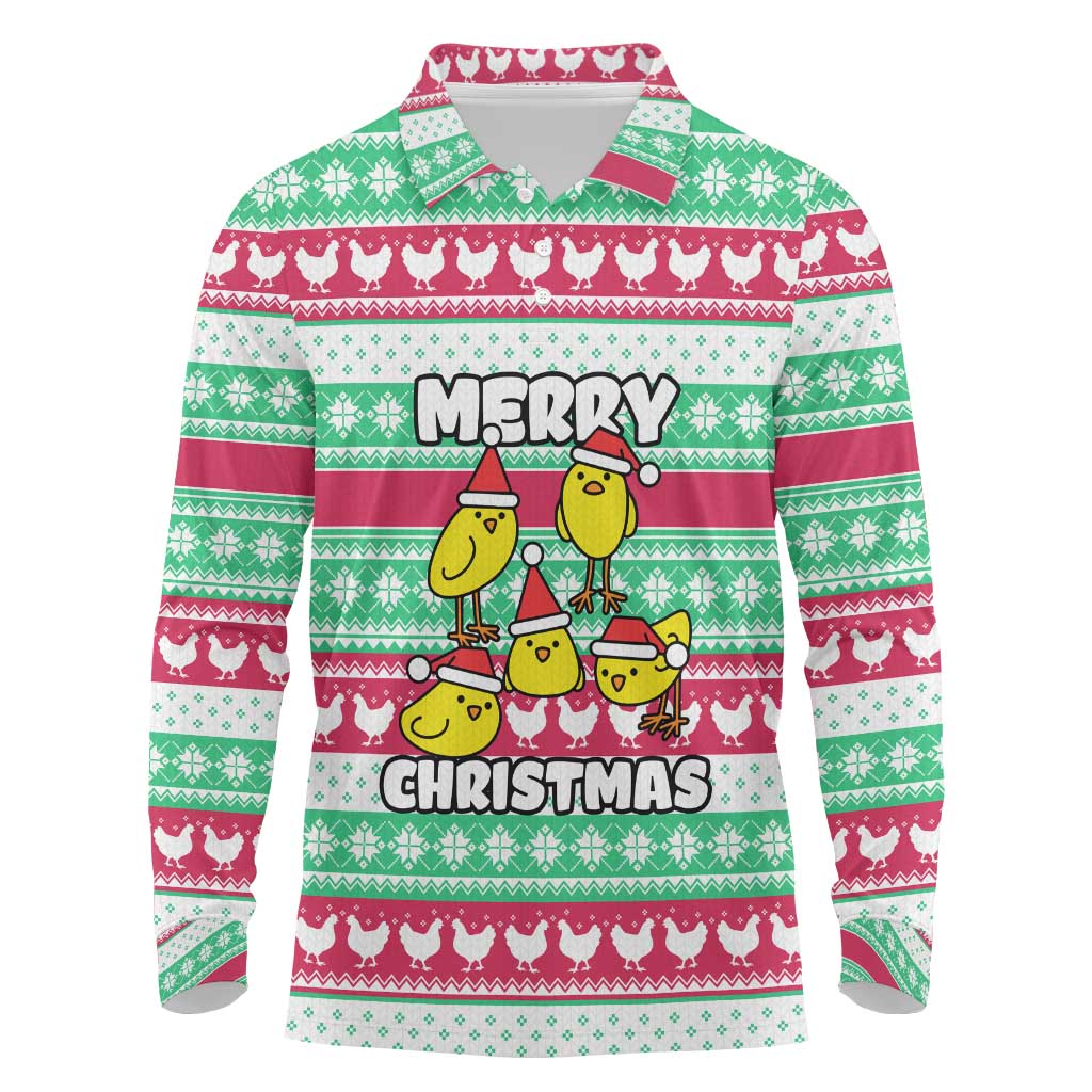 Merry Chickmas Christmas Long Sleeve Polo Shirt with Yellow Cartoon Birds in Santa Hats and Red Green Snowflake Pattern - Wonder Print Shop