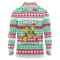 Merry Chickmas Christmas Long Sleeve Polo Shirt with Yellow Cartoon Birds in Santa Hats and Red Green Snowflake Pattern - Wonder Print Shop