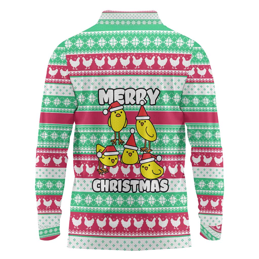 Merry Chickmas Christmas Long Sleeve Polo Shirt with Yellow Cartoon Birds in Santa Hats and Red Green Snowflake Pattern - Wonder Print Shop
