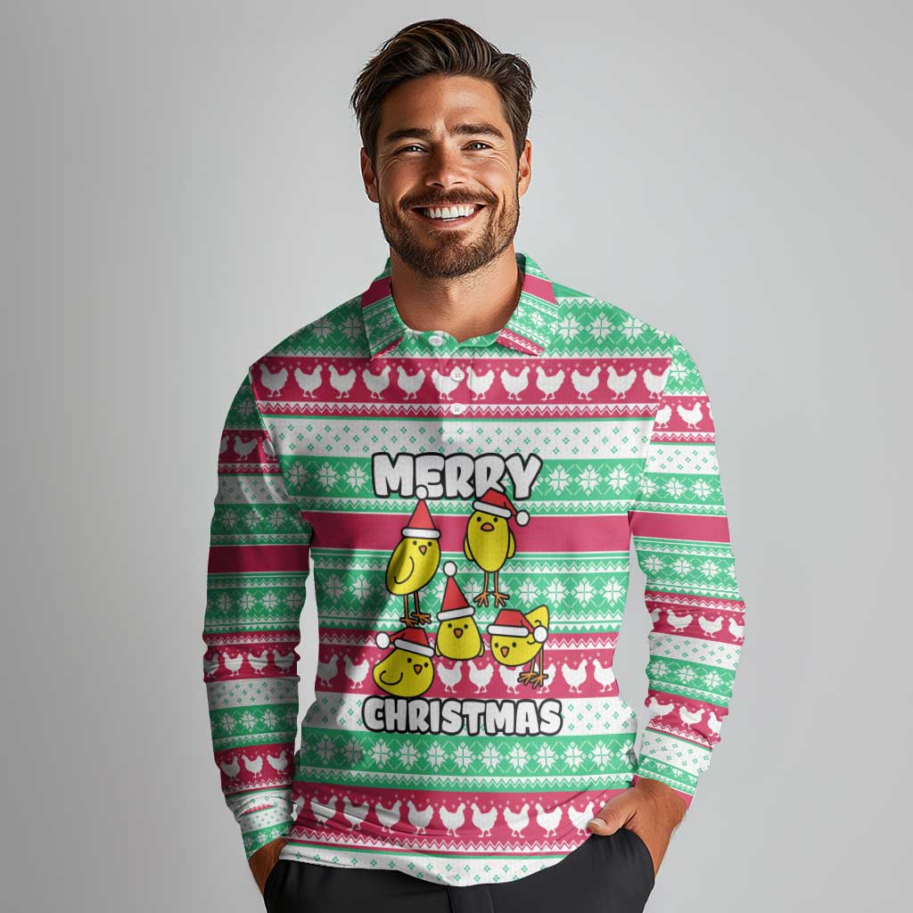 Merry Chickmas Christmas Long Sleeve Polo Shirt with Yellow Cartoon Birds in Santa Hats and Red Green Snowflake Pattern - Wonder Print Shop