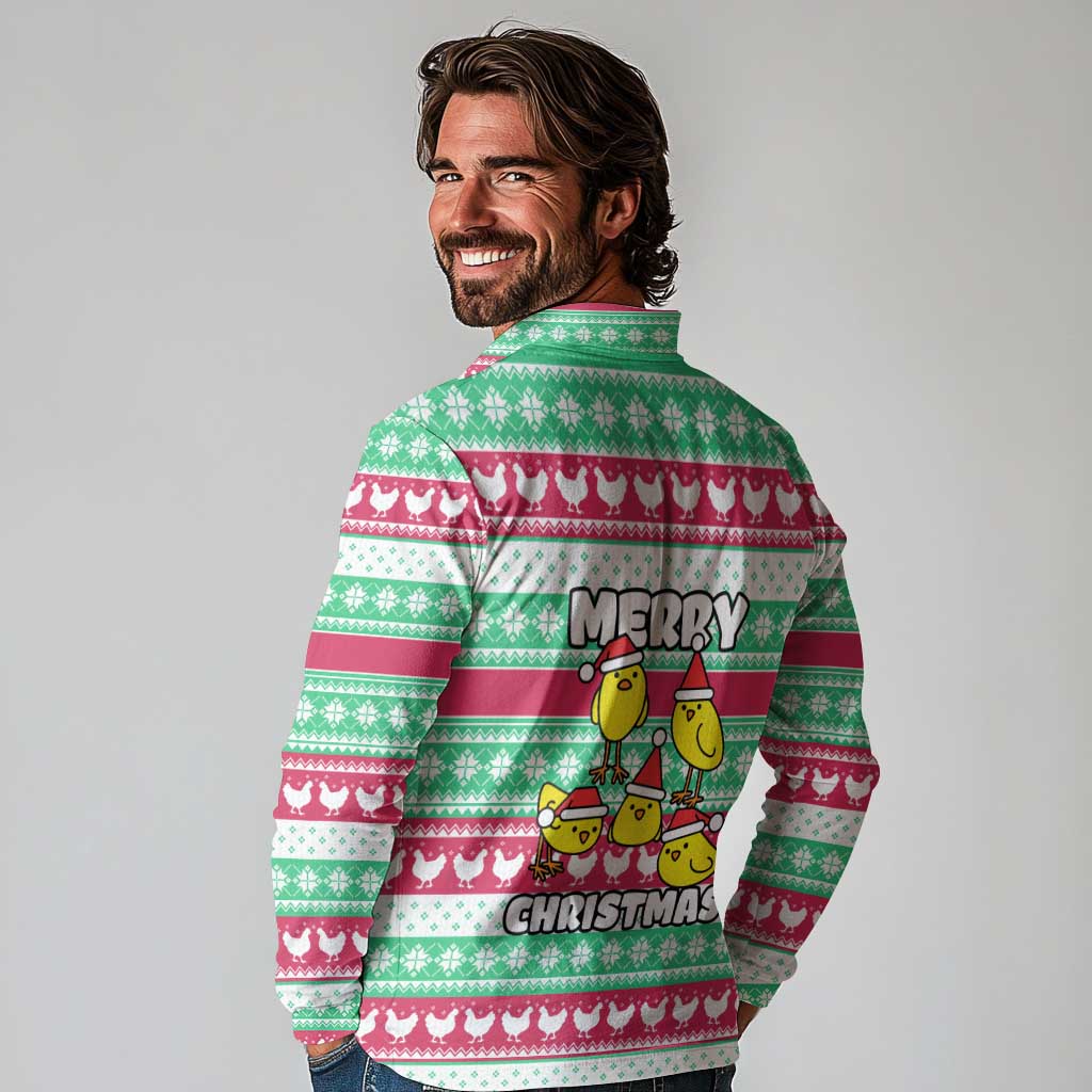 Merry Chickmas Christmas Long Sleeve Polo Shirt with Yellow Cartoon Birds in Santa Hats and Red Green Snowflake Pattern - Wonder Print Shop