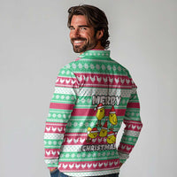 Merry Chickmas Christmas Long Sleeve Polo Shirt with Yellow Cartoon Birds in Santa Hats and Red Green Snowflake Pattern - Wonder Print Shop