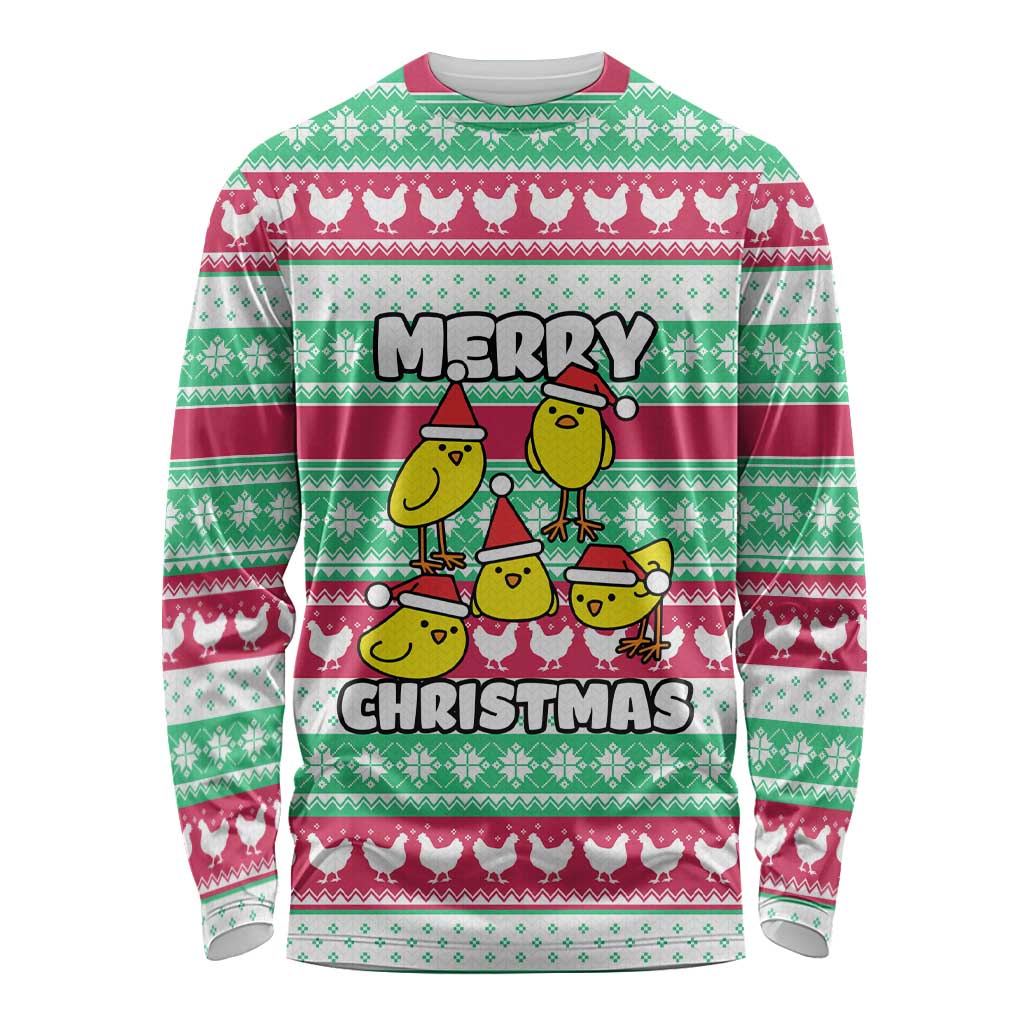 Merry Chickmas Christmas Long Sleeve Shirt with Yellow Cartoon Birds in Santa Hats and Red Green Snowflake Pattern - Wonder Print Shop