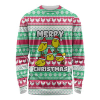 Merry Chickmas Christmas Long Sleeve Shirt with Yellow Cartoon Birds in Santa Hats and Red Green Snowflake Pattern - Wonder Print Shop