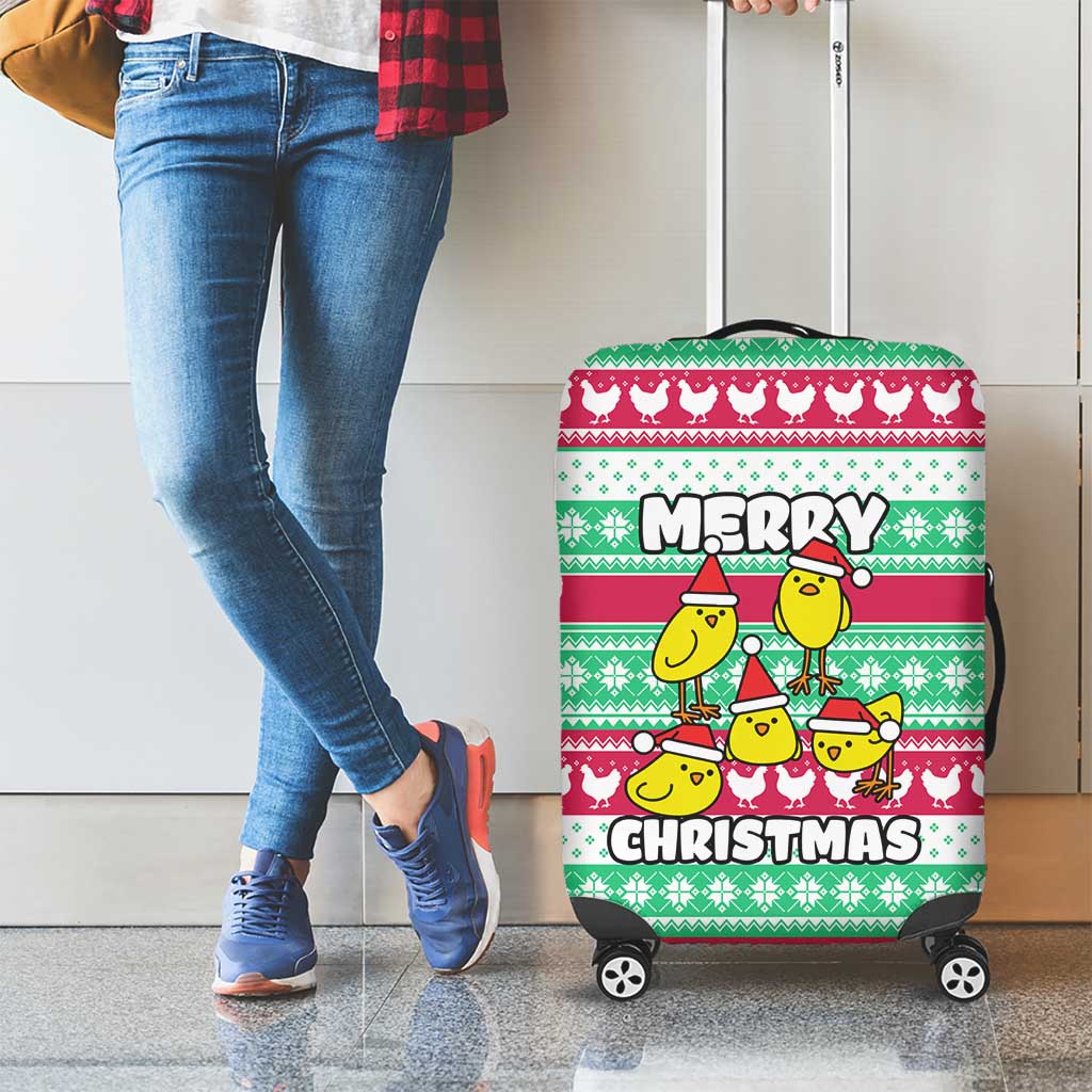 Merry Chickmas Christmas Luggage Cover with Yellow Cartoon Birds in Santa Hats and Red Green Snowflake Pattern - Wonder Print Shop