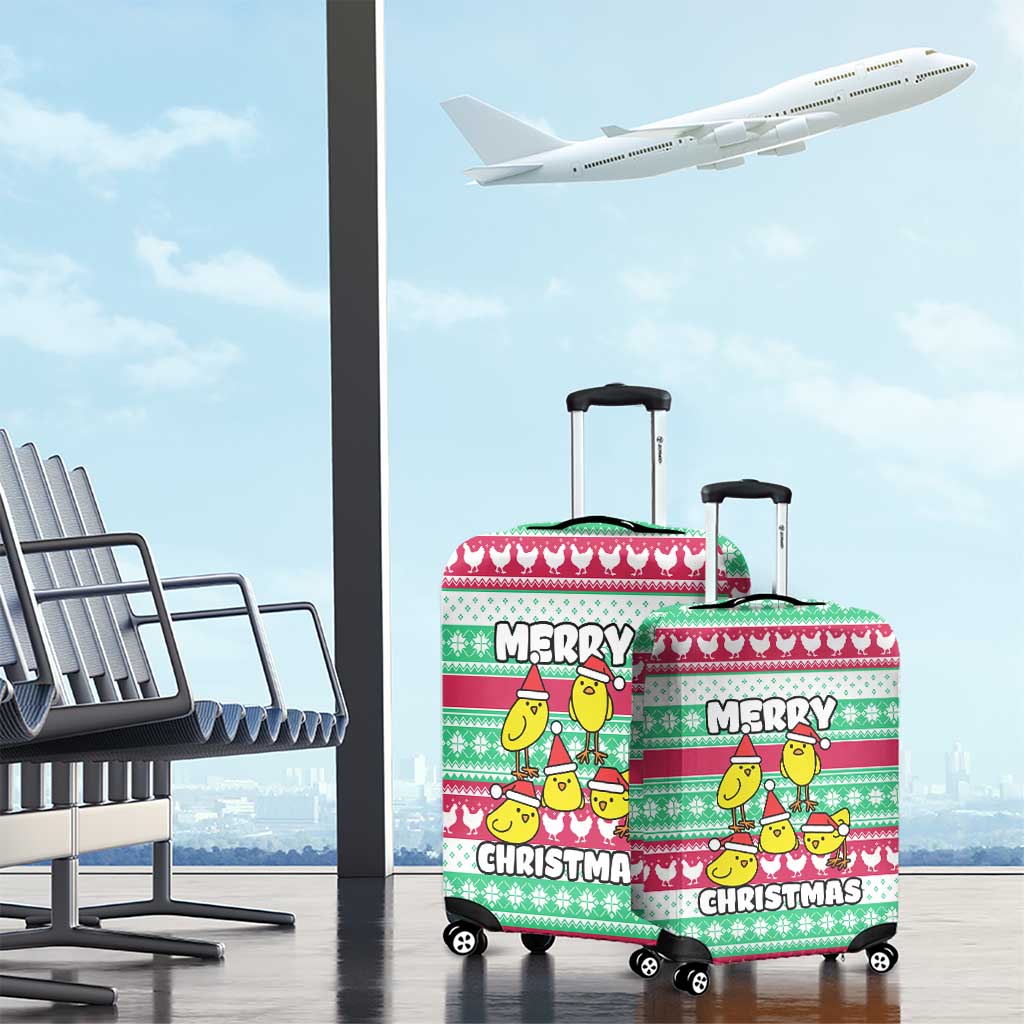 Merry Chickmas Christmas Luggage Cover with Yellow Cartoon Birds in Santa Hats and Red Green Snowflake Pattern - Wonder Print Shop