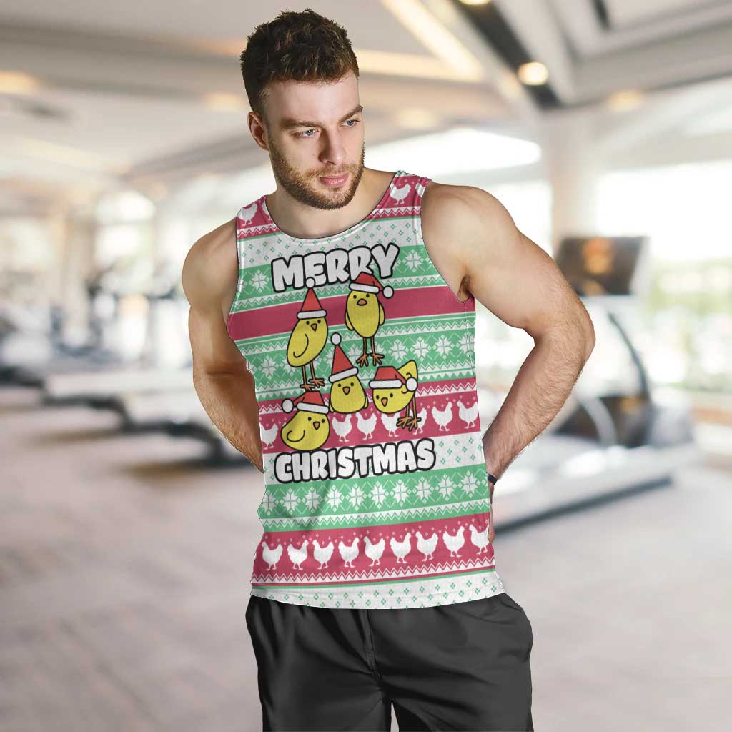 Merry Chickmas Christmas Men Tank Top with Yellow Cartoon Birds in Santa Hats and Red Green Snowflake Pattern - Wonder Print Shop