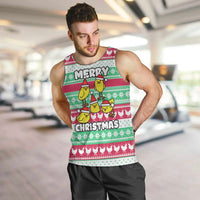 Merry Chickmas Christmas Men Tank Top with Yellow Cartoon Birds in Santa Hats and Red Green Snowflake Pattern - Wonder Print Shop