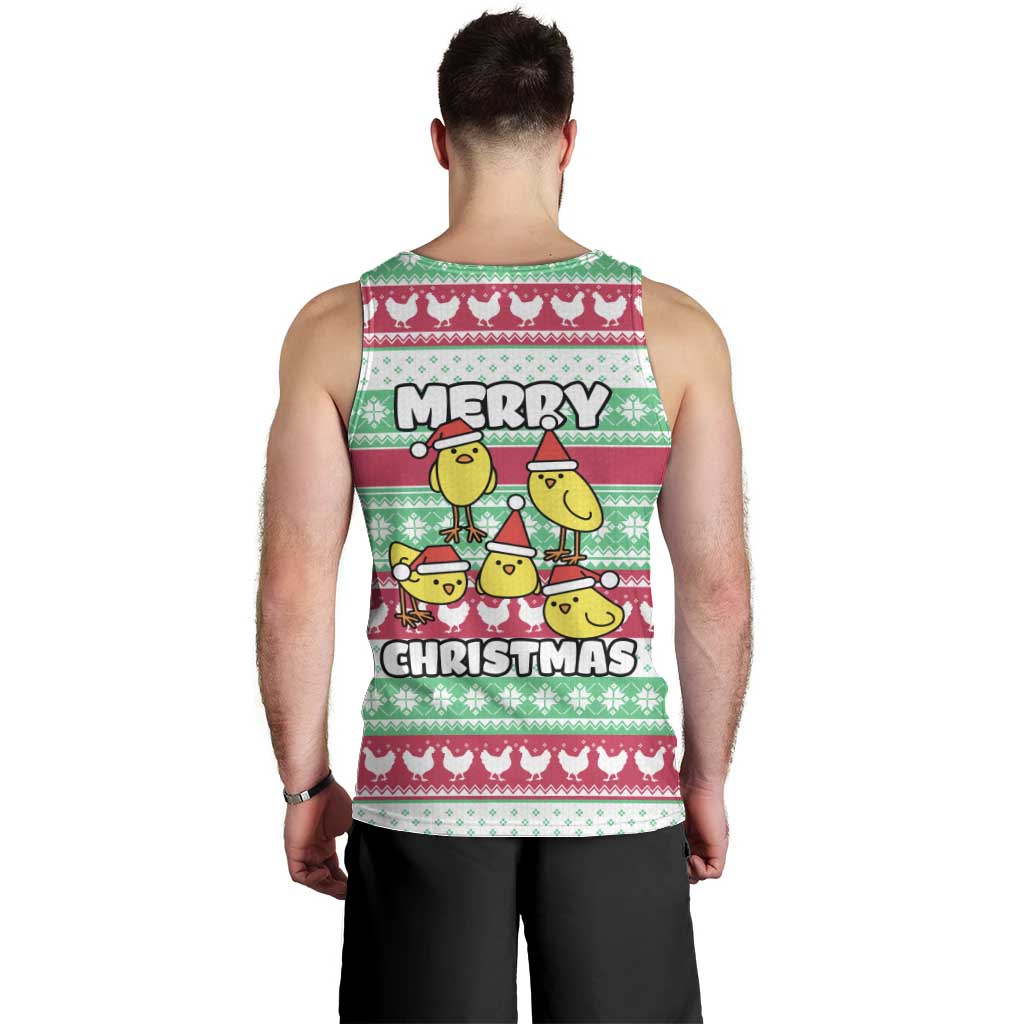 Merry Chickmas Christmas Men Tank Top with Yellow Cartoon Birds in Santa Hats and Red Green Snowflake Pattern - Wonder Print Shop
